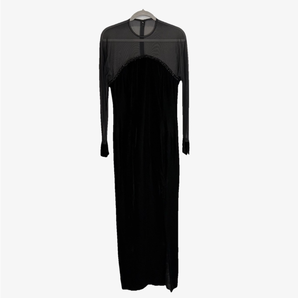 Vtg 90s Rimini Sz 12 Black Velvet Illusion Mesh Long Sleeve Gown Dress Goth